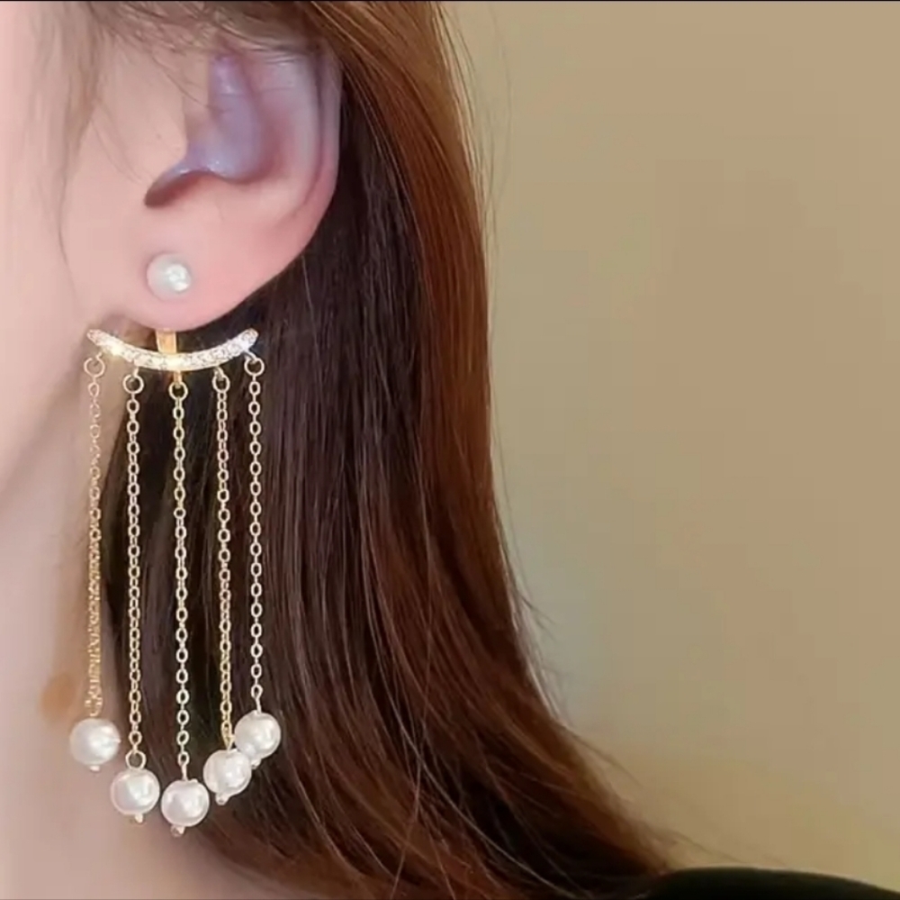 NEW FAUX PEARL TASSEL DANGLE EARRINGS - Picture 2 of 8